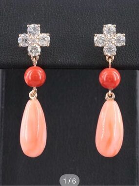 14K Yellow Gold 1.14 CTW Diamond and Coral Drop Earrings